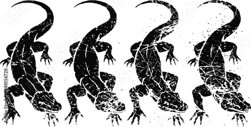 Grunge alligator silhouettes set four textured crocodile reptile symbols in black design