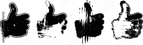 Grunge black thumbs up icons set four variations of rough textured hand gestures showing approval and positivity
