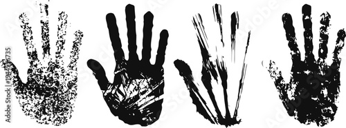 black and white artistic handprints with textured brushstroke patterns on white background