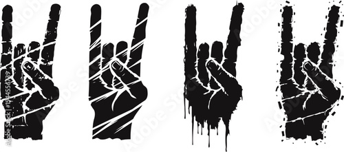 Grunge hand signs with rock and peace gestures black silhouettes with distressed texture