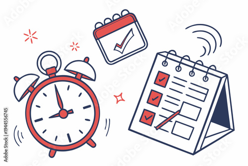 Red alarm clock calendar checklist to do list on white background