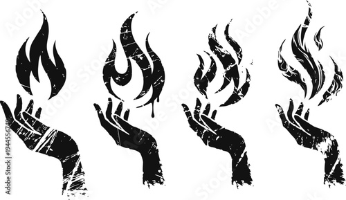 grunge hand holding flame icons set fire symbols in different burn shapes with textured distressed