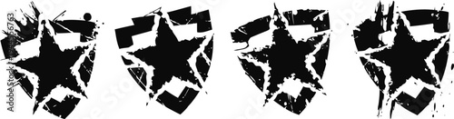 Grunge black star shield emblems set distressed vintage badge designs with rough textures and patriotic