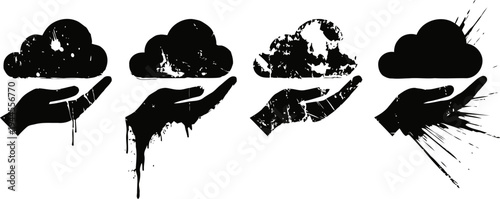 Hand holding stylized clouds set with grunge and spray paint ink effects, artistic silhouettes illustration