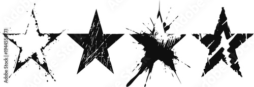 Grunge black star shapes set distressed and splattered textured stars in various worn designs
