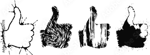 Thumbs up icons in grunge four black and white hand gesture illustrations with rough, textured effects and artistic brush strokes