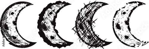 Vintage hand drawn crescent moon sketches in black ink with textured shading and rough edges