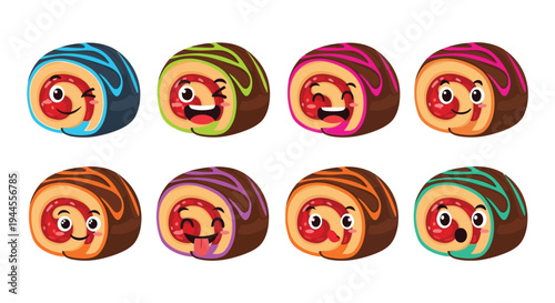 Cute cinnamon rolls with faces display various happy expressions