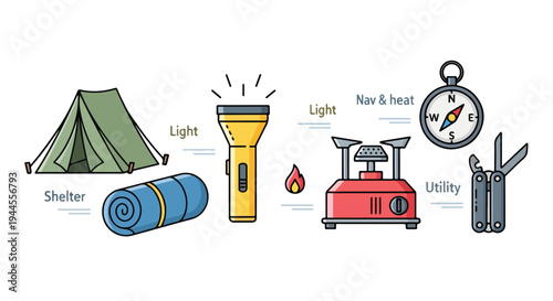 Flat lay illustration of camping and survival gear including a tent, sleeping bag, flashlight, camp stove, pocket knife, and compass on a clean white background with a mix of warm and cool