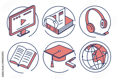 Educational with computer monitor and headphones educational computer monitor book graduation cap