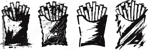 Hand drawn french fries illustrations set various sketch styles of crispy fried potato sticks in paper packaging