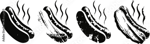 Grilled hot dogs set with steam rising black and white hand drawn vintage sausages on bun illustration