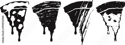 Four black silhouette slices of pizza with different toppings isolated on white background