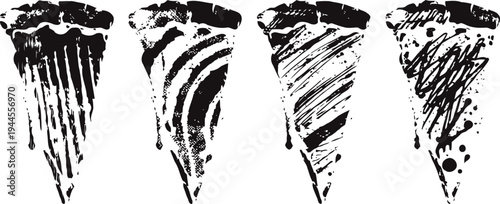 Set of four hand drawn pizza slice illustrations with different topping styles and textures