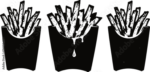 three black paper containers filled with french fries with a dripping sauce in the middle container