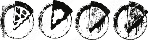 four hand drawn black and white clock faces showing different times with pizza slice shapes