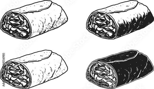 Illustration of four burritos with varied shading styles in black and white line art design