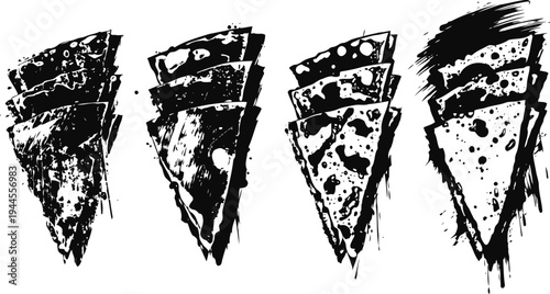 four black and white grunge pizza slice illustrations with textured details