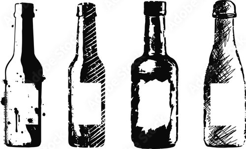 Four hand drawn beer bottles silhouette collection with labels in black and white