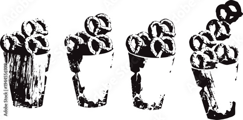 Set of vintage hand scoops with piles of round objects for measuring, rustic kitchen tools collection