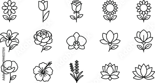 Minimal flower outline icon set with rose tulip sunflower lotus orchid hibiscus lavender and floral botanical line vector collection