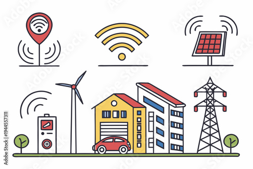 Renewable energy sources and smart city infrastructure solar panel wind turbine power tower