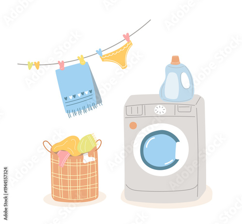 Flat vector illustration of a home laundry scene with washing machine, basket, detergent and clothesline.