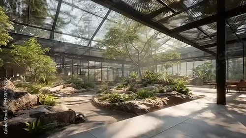 Serene glasshouse interior featuring lush greenery natural lighting and stone garden landscape peaceful ambience creating a tranquil nature preserve