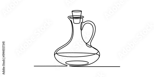 A continuous line art drawing of a glass carafe with a handle and cork stopper, used for serving liquids like oil or vinegar Vector, illustration