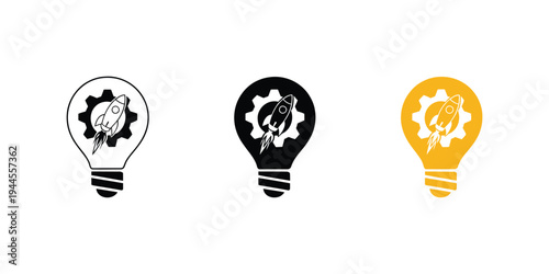 Light bulb with rocket and gear line icon set, symbolizing creative ideas, startup innovation and modern business development concepts.