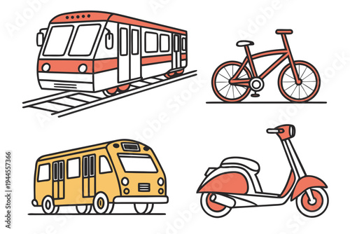 Various public transportation vehicles train bicycle scooter