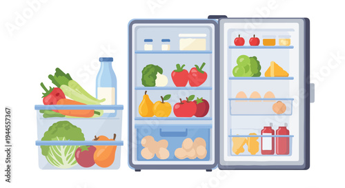 Open refrigerator with various food items and a freezer drawer full of vegetables on a plain background.