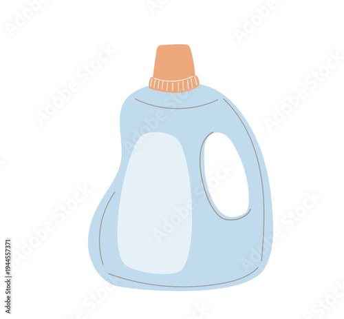 Flat vector illustration of a plastic detergent bottle with handle and cap for laundry or household cleaning.