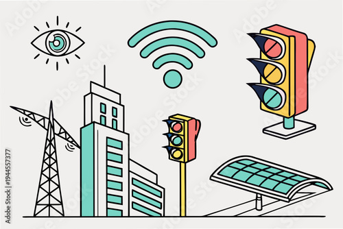 Urban infrastructure with traffic lights and wi- fi symbol wi-fi symbol building power tower