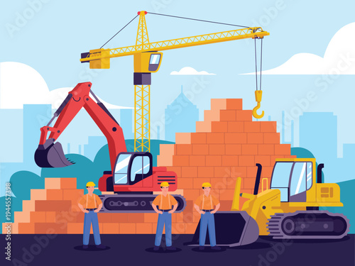 Construction workers oversee heavy machinery and brick building progress at a vibrant city site.