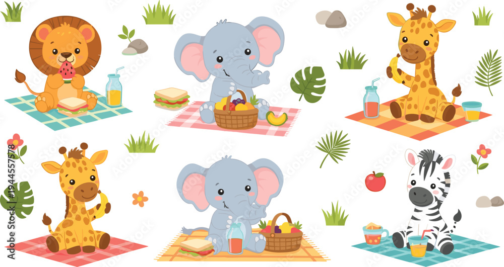 Naklejka premium Cartoon Animals Enjoying a Picnic: Cute Lion, Elephant, Giraffe, and Zebra with Snacks and Drinks on Blankets in a Playful Outdoor Setting