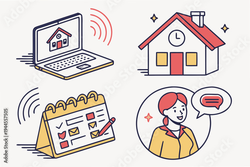 Remote work and communication laptop house calendar clock speech bubbles