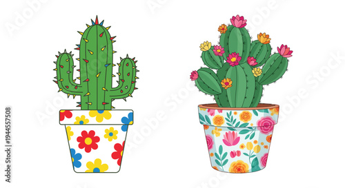 Colorful illustration of two potted cacti with vibrant floral designs