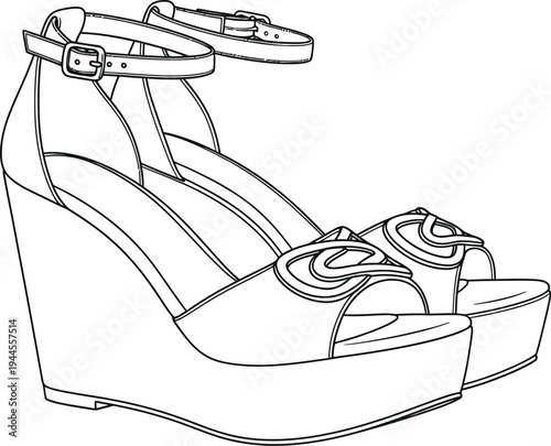 Detailed line drawing of a stylish open toe wedge sandal with floral embellishments