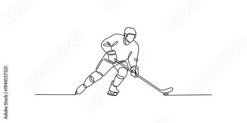 A continuous line art drawing depicting an ice hockey player skating and controlling the puck Vector, illustration