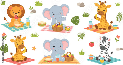 Cartoon Animals Enjoying a Picnic: Cute Lion, Elephant, Giraffe, and Zebra with Snacks and Drinks on Blankets in a Playful Outdoor Setting