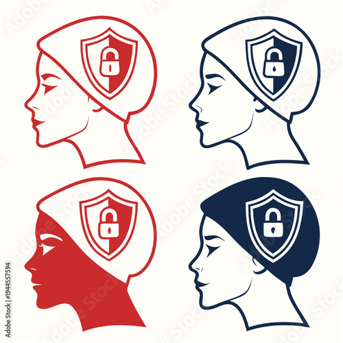 Protected female profiles with shield and lock protection security woman