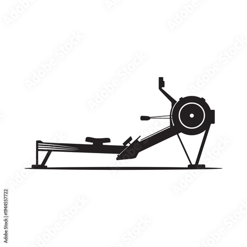 A black silhouette of a modern indoor rowing machine on white