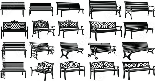 Park bench collection vector silhouettes set, decorative outdoor garden seating furniture illustration isolated design elements for landscape projects