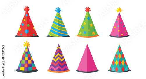 Colorful party hats with various patterns are arranged together