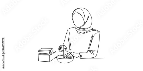 Continuous line drawing of a person in a hijab mixing ingredients in a bowl on a white background Vector, illustration