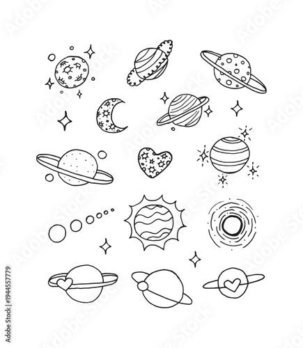 Linear collection of Planets illustration doodle icon on a white