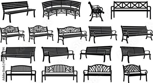 Park bench collection vector silhouettes set, outdoor garden street seating furniture illustration isolated design elements for landscape architecture