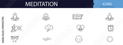 Meditation and mindfulness icons set for relaxation and wellness