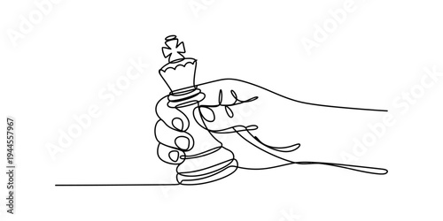 A continuous line drawing illustration of a hand holding a chess king piece against a white background. Vector, illustration